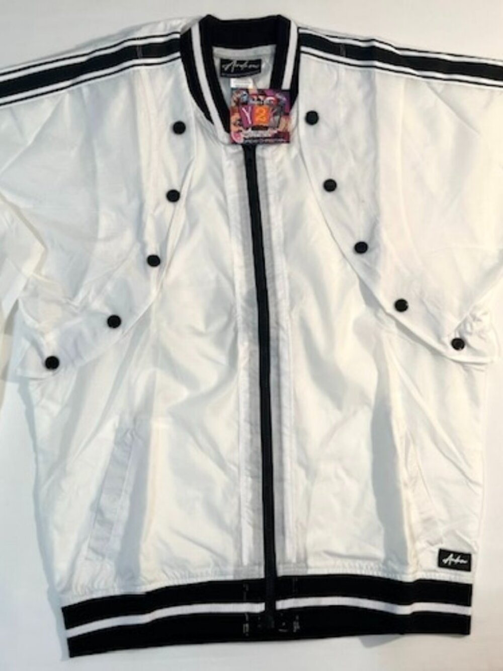 Andrew Christian Size L 100% Nylon Semi Sheer Snap Windbreaker -White/Black